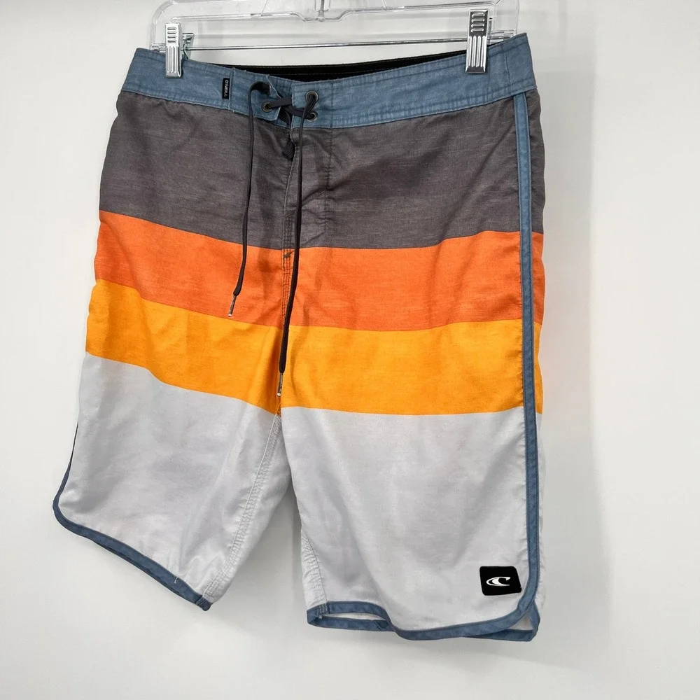 ONeill Mens Board Shorts Sz 29 Sunset Stripe Colorblock Swim Trunks Orange Gray